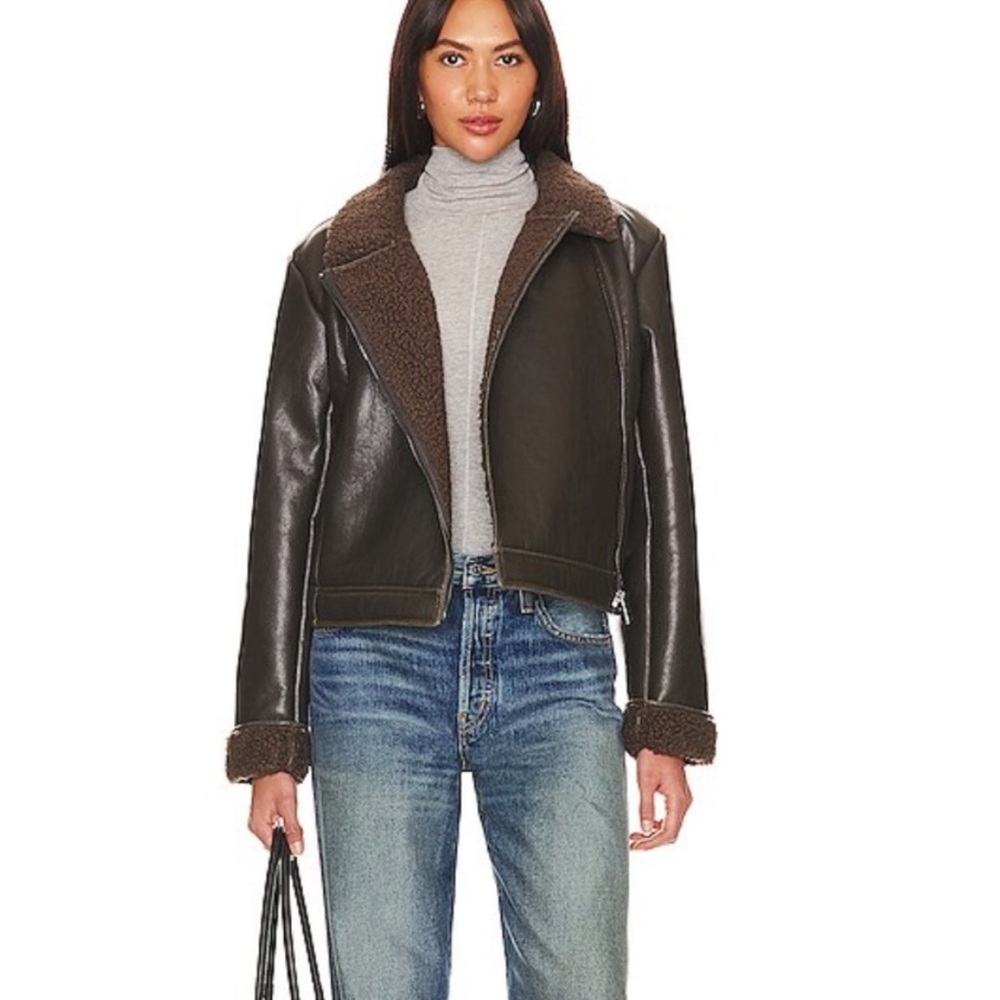 Splendid Womens Brown Sherpa Lined Romy Vegan Leather Jacket in Brown Size Small